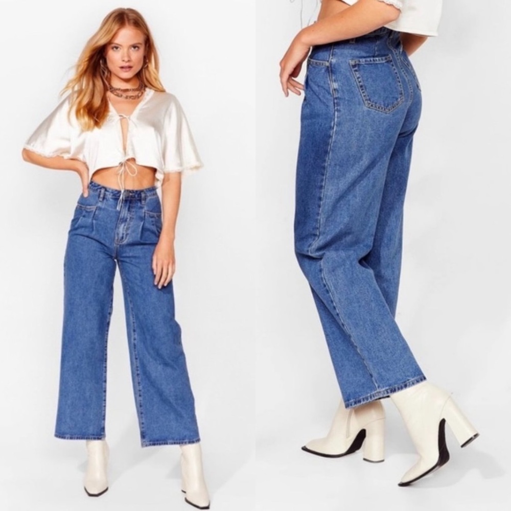 NASTY GAL Pleated High-Waisted Wide Leg Jeans